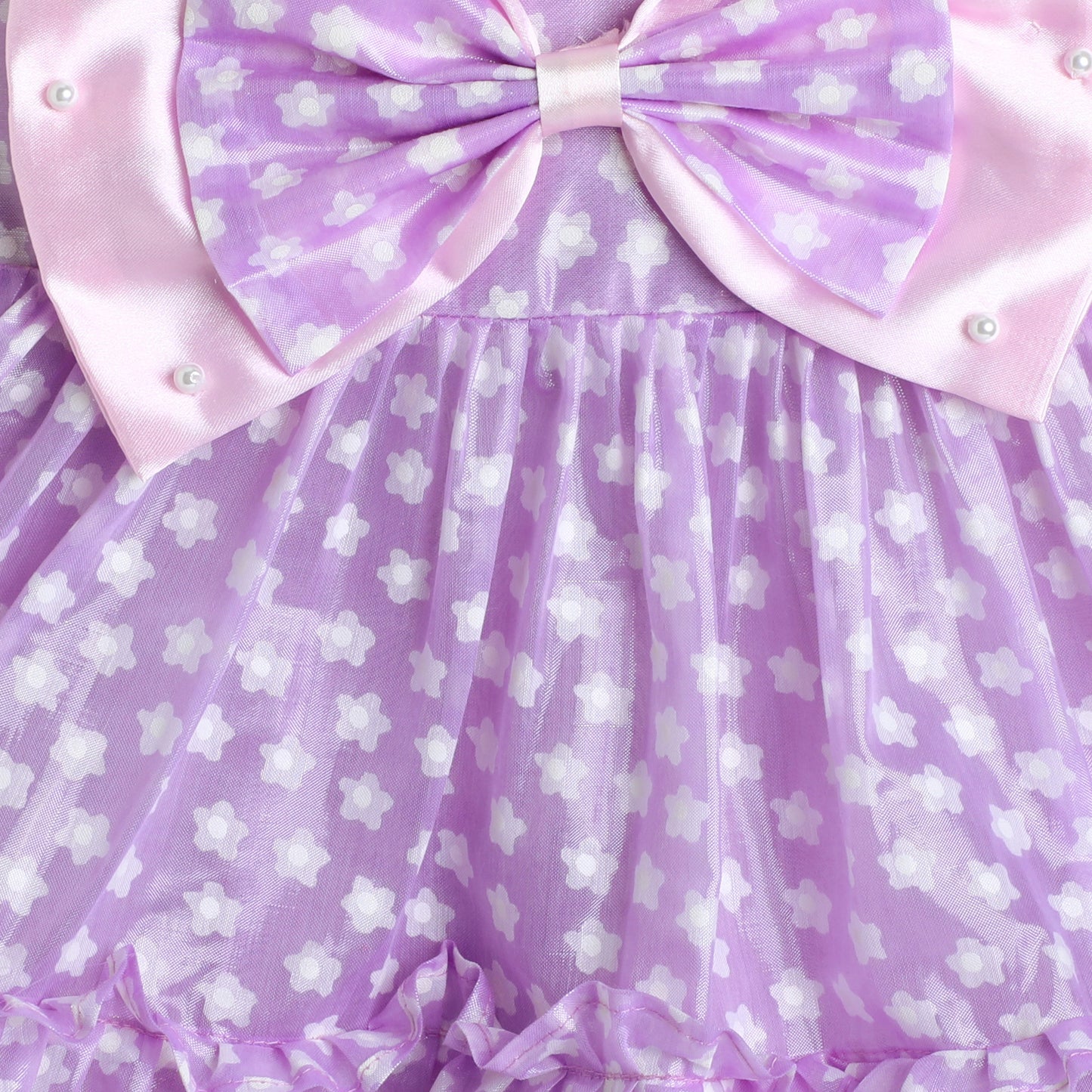 Many Frocks & tissue sleeveless double bow and bead embellished knee length floral printed girls party dress - Purple