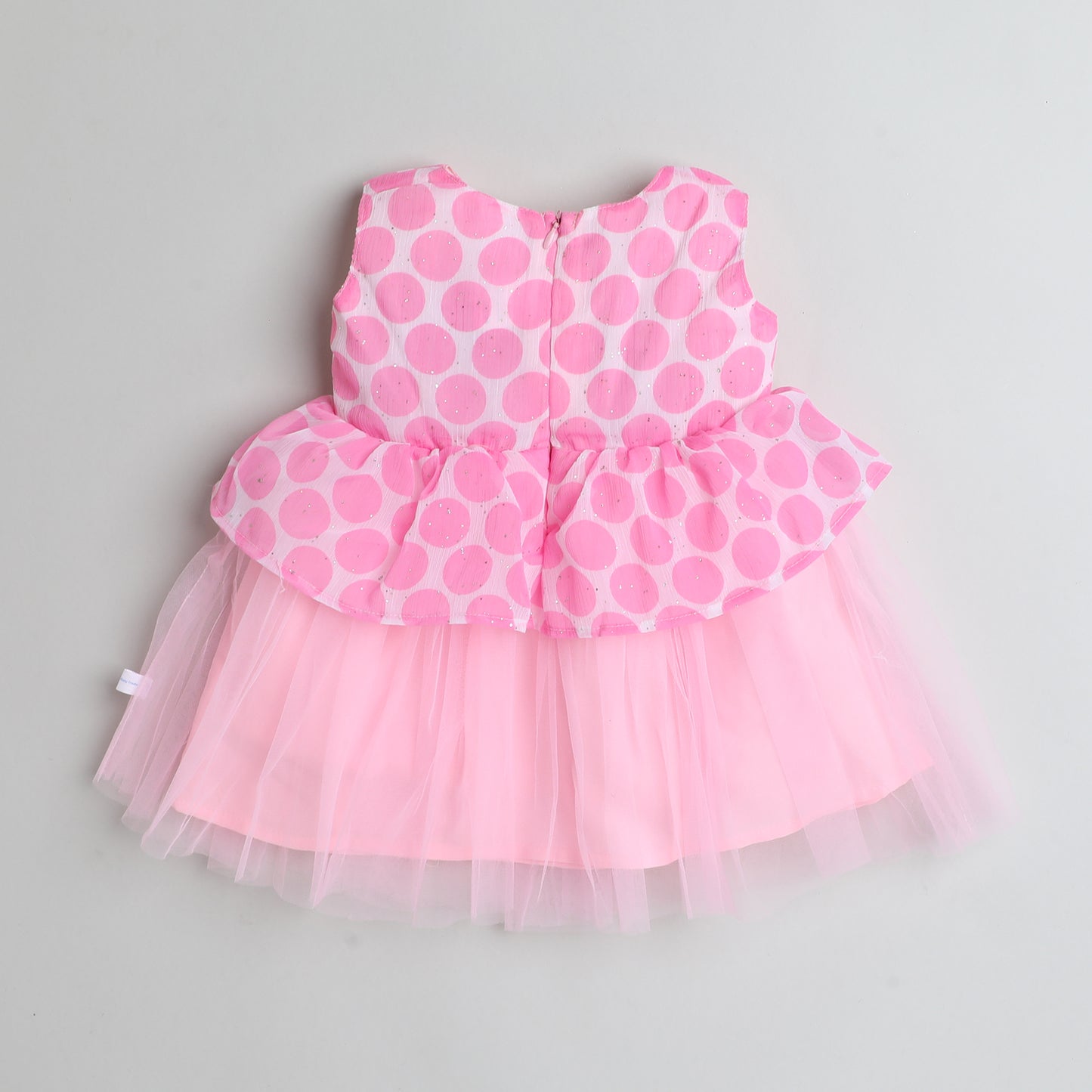 Many Frocks & gorgette sleeveless knee length rose embellished polka dot printed baby party dress-Pink