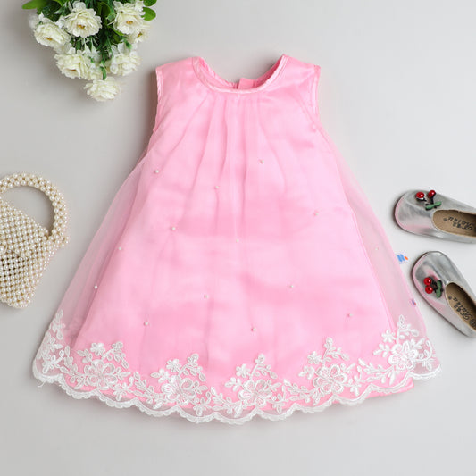 Many Frocks & net sleeveless lace and bead embellished knee length girls party dress - Pink