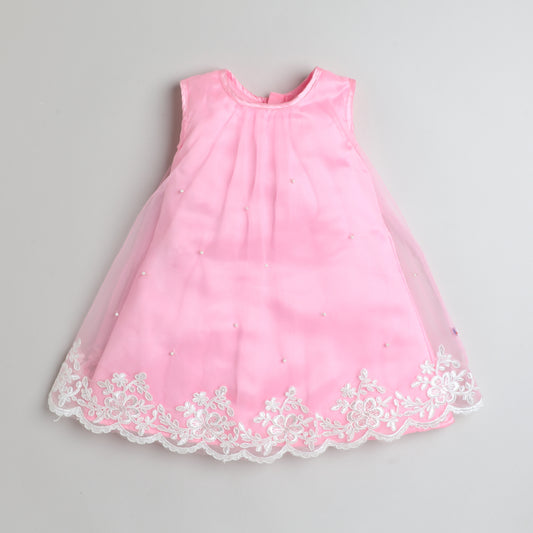 Many Frocks & net sleeveless lace and bead embellished knee length girls party dress - Pink