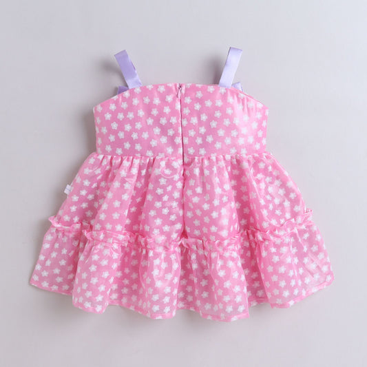 Many Frocks & tissue sleeveless double bow and bead embellished knee length floral printed girls party dress - Pink