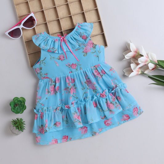 Many Frocks & georgette sleeveless lace embellished knee length floral printed girls casual dress - Blue