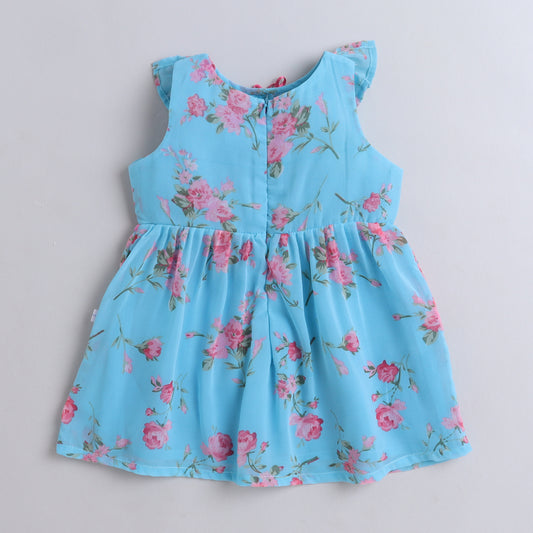 Many Frocks & georgette sleeveless lace embellished knee length floral printed girls casual dress - Blue