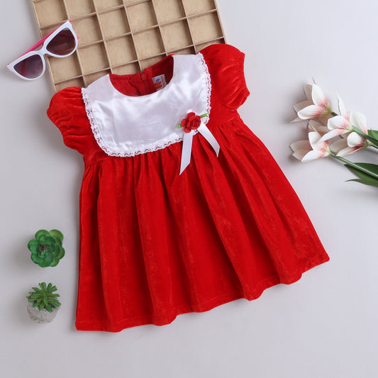 Many Frocks & velvet puff sleeve flower embellished knee length girls party dress - Red