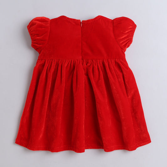 Many Frocks & velvet puff sleeve flower embellished knee length girls party dress - Red