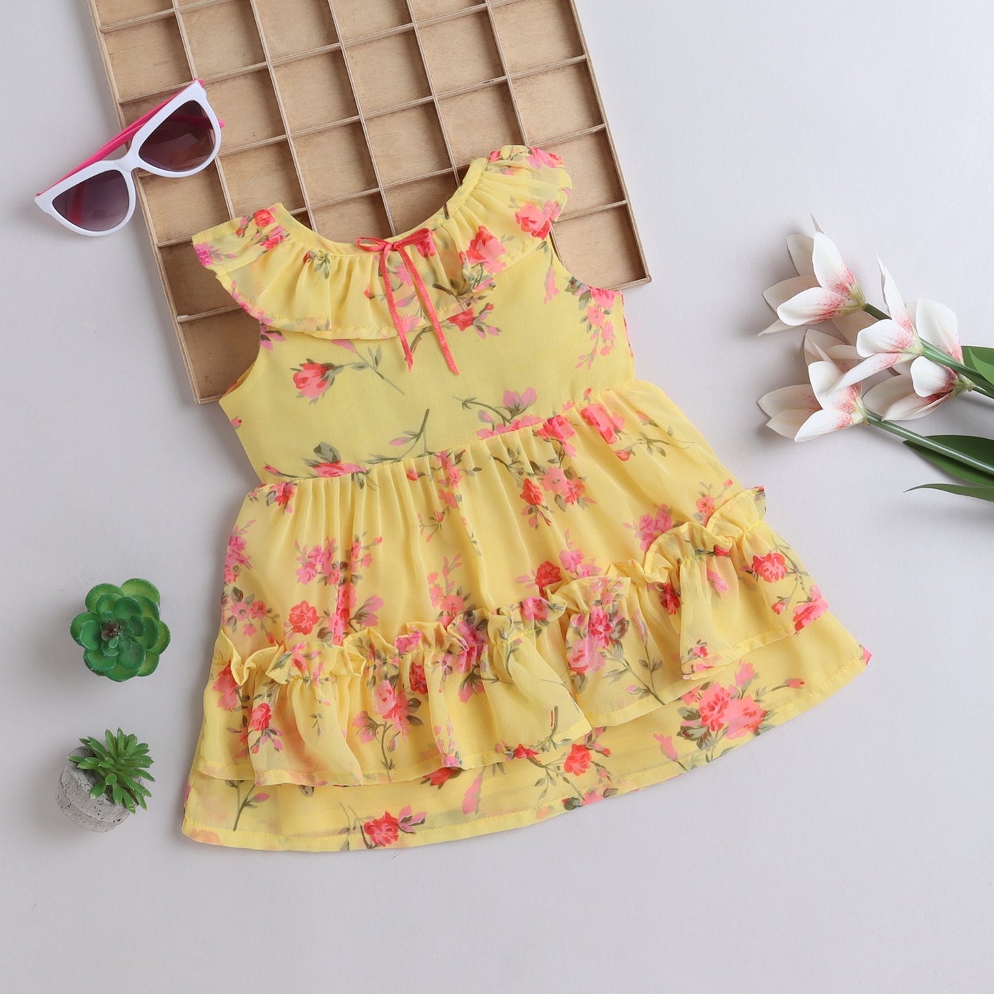 Many Frocks & georgette sleeveless lace embellished knee length floral printed girls casual dress - yellow
