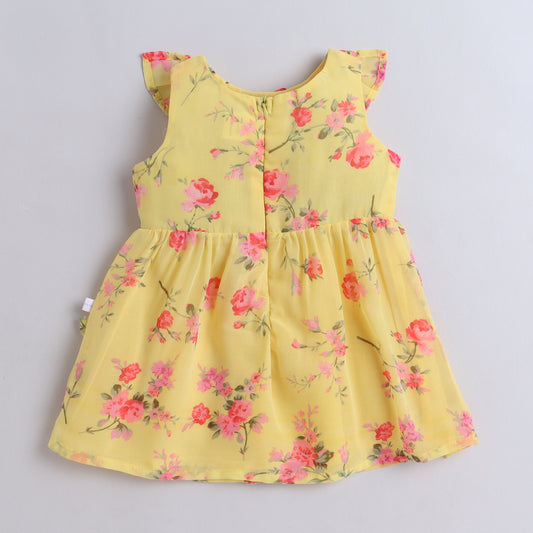 Many Frocks & georgette sleeveless lace embellished knee length floral printed girls casual dress - yellow