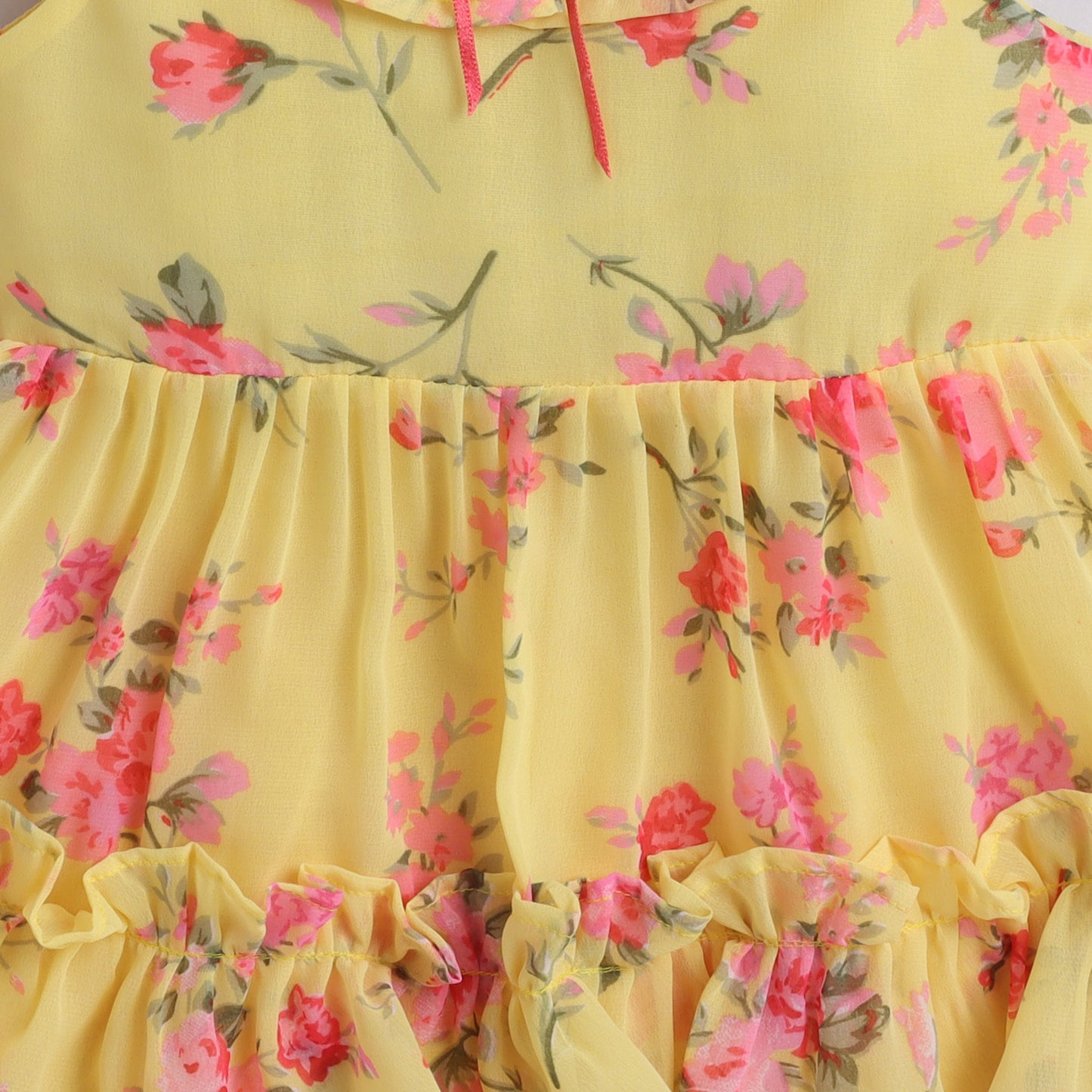 Many Frocks & georgette sleeveless lace embellished knee length floral printed girls casual dress - yellow