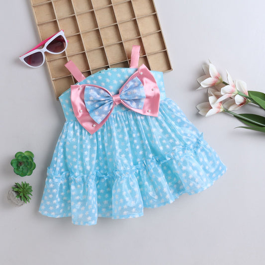 Many Frocks & tissue sleeveless double bow and bead embellished knee length floral printed girls party dress - Blue
