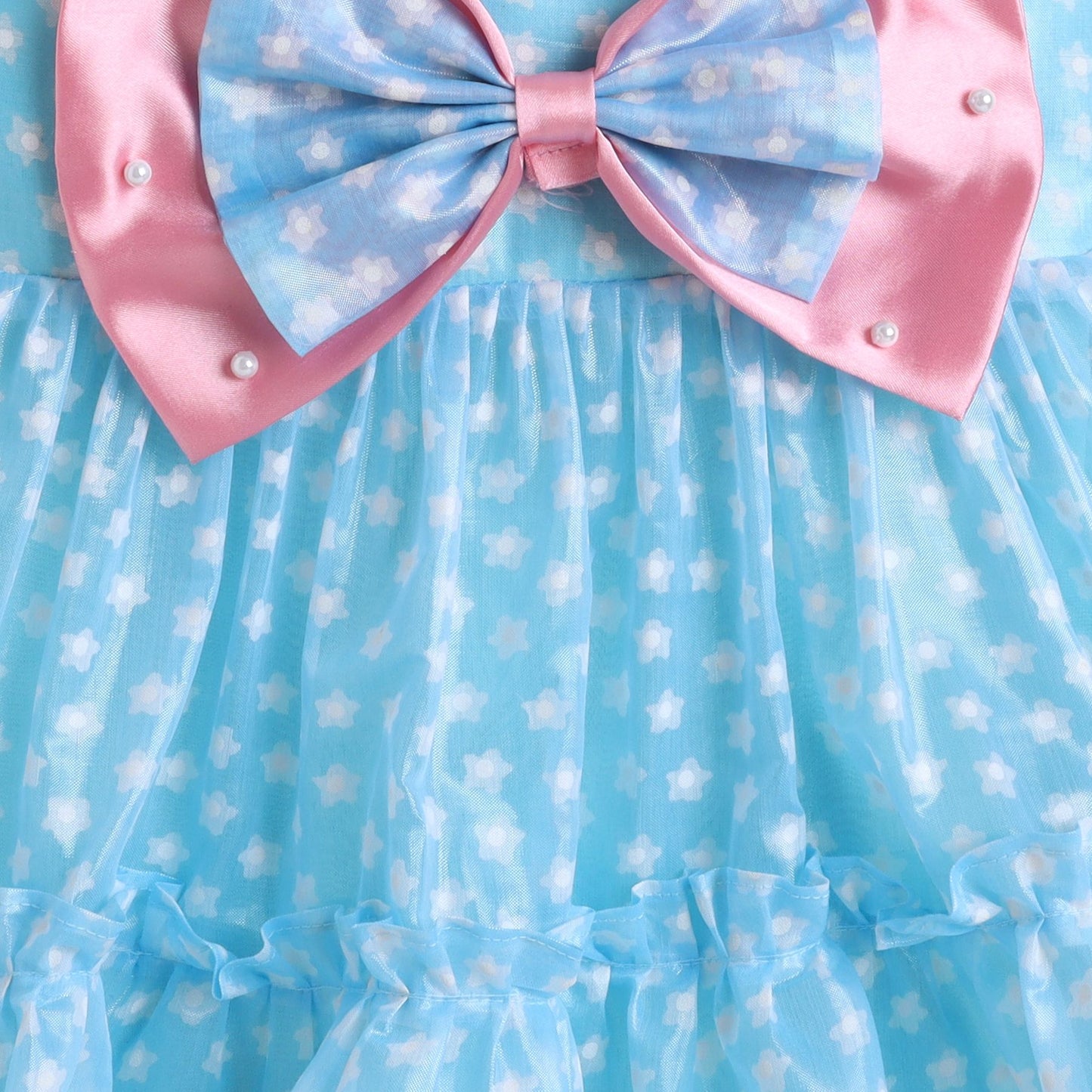 Many Frocks & tissue sleeveless double bow and bead embellished knee length floral printed girls party dress - Blue