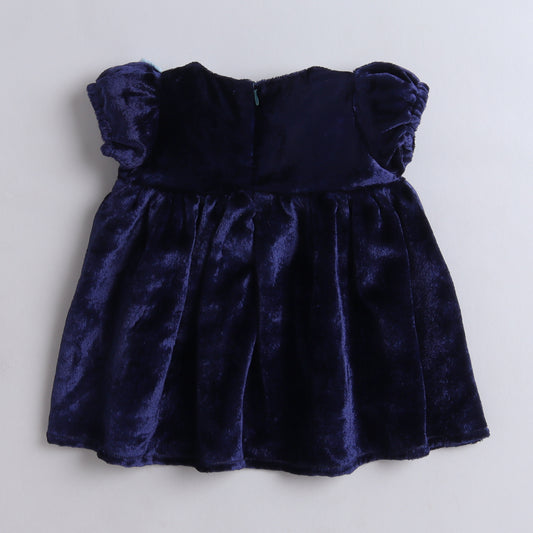Many Frocks & velvet puff sleeve flower embellished knee length girls party dress - Blue