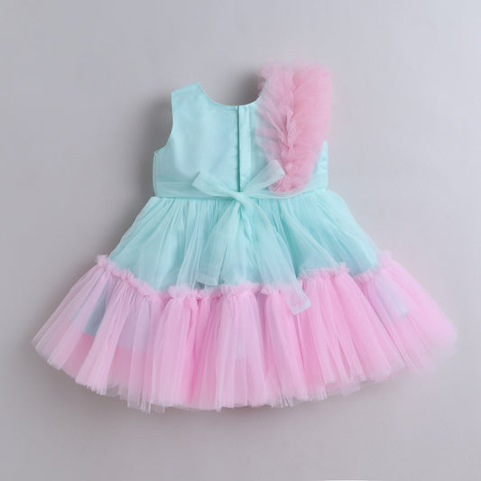 Many Frocks & net sleeveless flower brooch embellished party dress- Sea Green & Pink