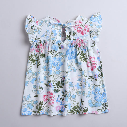 Many Frocks & Cotton Flutter Sleeves Floral Printed Knee Length Baby Causal Dress - White