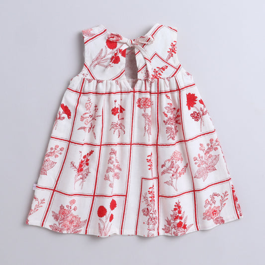 Many Frocks & Cotton Sleeveless Floral Checks Printed Knee Length Baby Causal Dress - White & Red