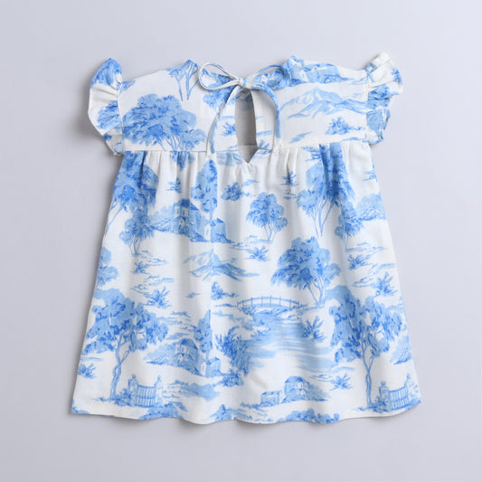 Many Frocks & Cotton Frilly Sleeves Knee Blue Nature Printed Knee Length Girls Causal Dress - Blue & White