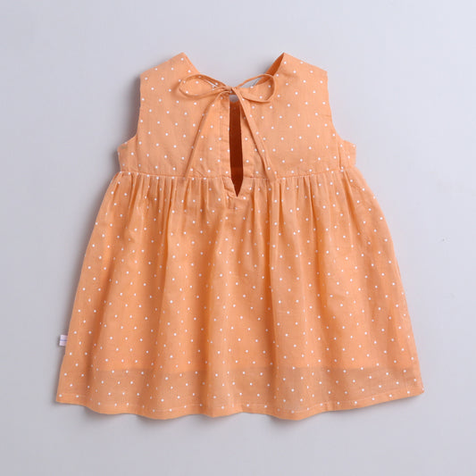 Many Frocks & Cotton Sleeveless Polka Dot Printed Knee Length Baby Causal Dress - Peach