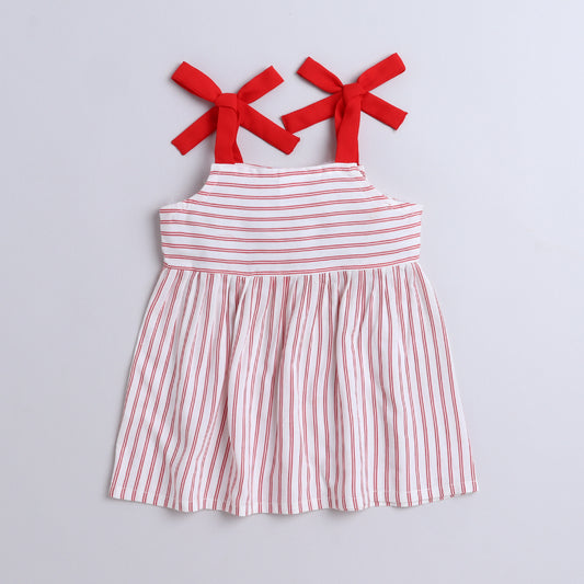 Many Frocks & Cotton Sleeveless Stripe Printed Knee Length Baby Causal Dress - Red & White