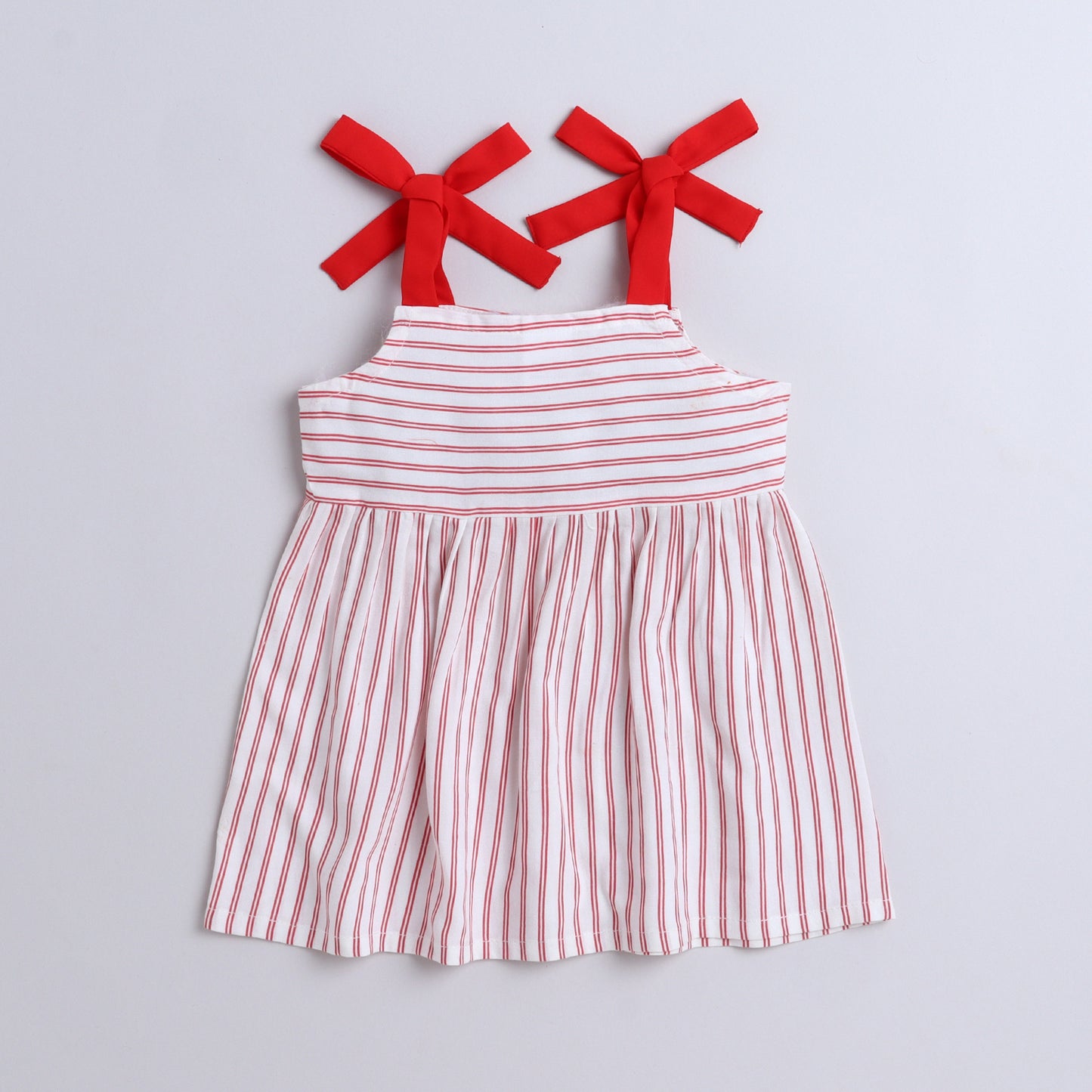 Many Frocks & Cotton Sleeveless Stripe Printed Knee Length Baby Causal Dress - Red & White