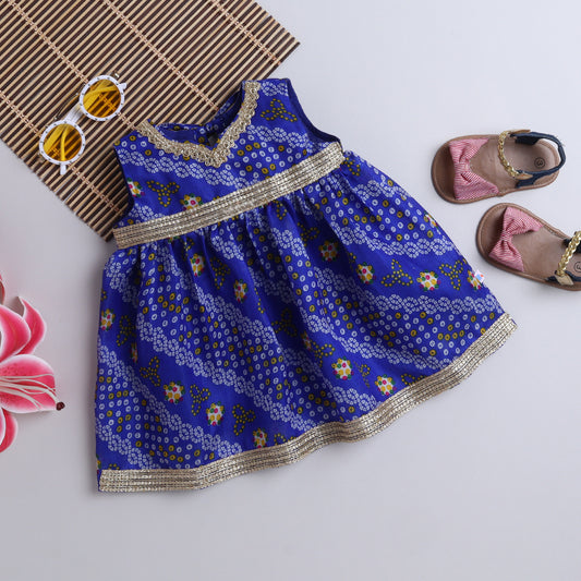 Many Frocks & bandhani printed sleeveless knee lengt ethnic dress - Blue