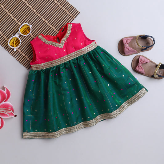 Many Frocks & sleeveless knee length woven boti lace embellished  ethnic dress - Pink & Green