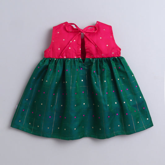 Many Frocks & sleeveless knee length woven boti lace embellished ethnic dress - Pink & Green