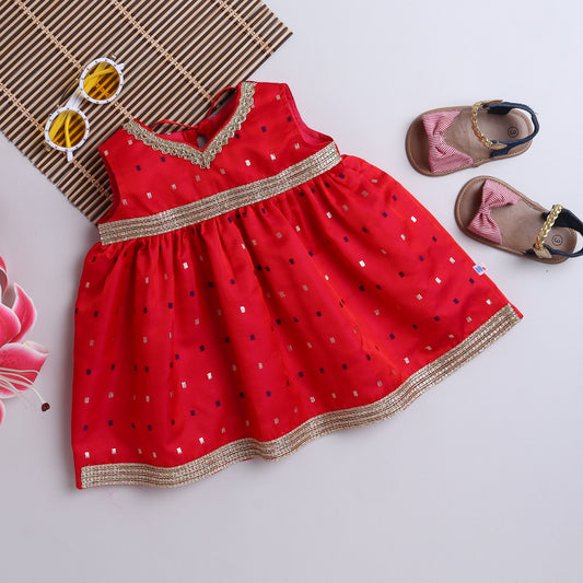 Many Frocks & sleeveless knee length woven boti lace embellished  ethnic dress - Pink