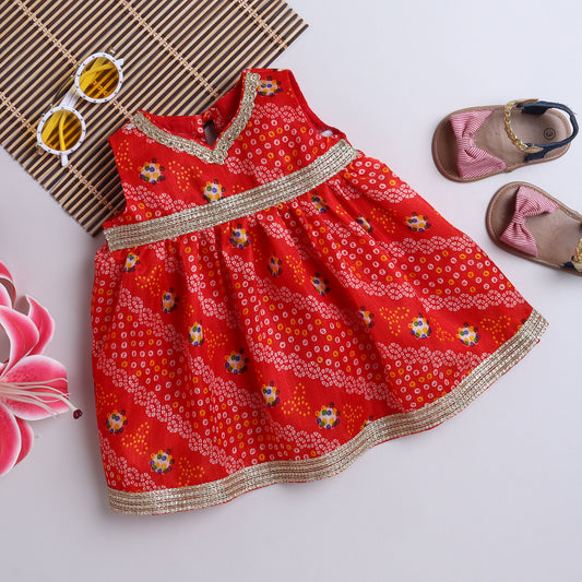 Many Frocks & bandhani sleeveless lace embellished knee length  ethnic dress - Red