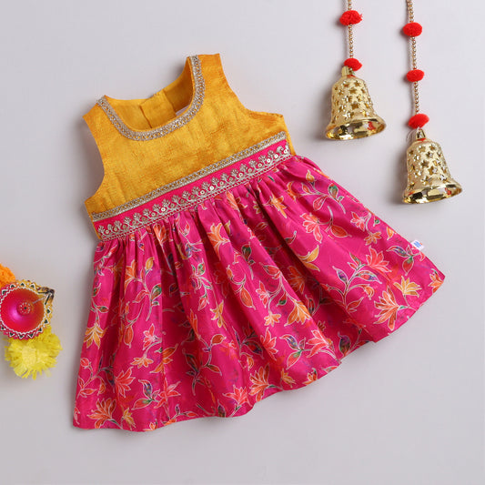 Many Frocks & sleeveless floral printed lace embellished knee length ethnic dress-Yellow & Pink