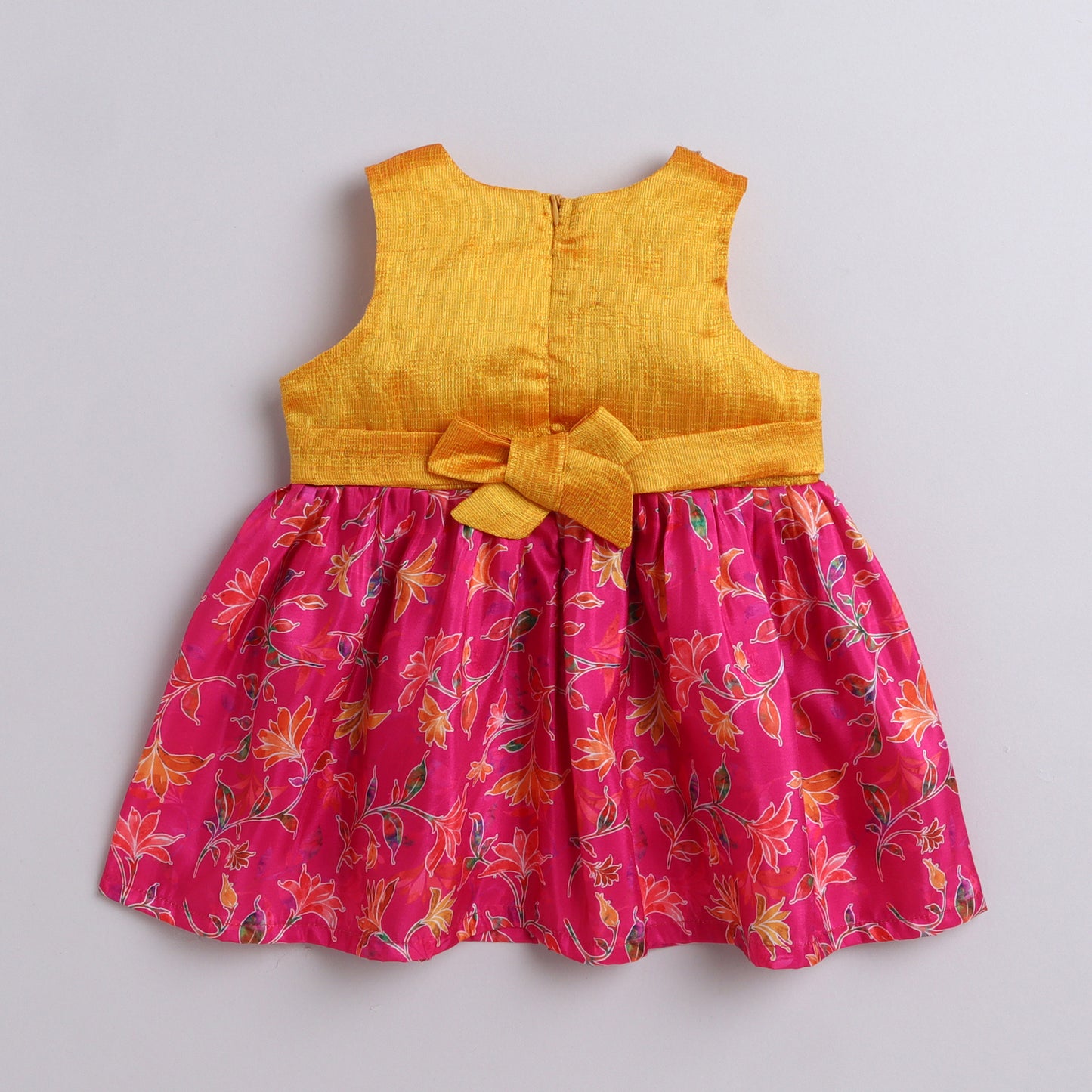 Many Frocks & sleeveless floral printed lace embellished knee length ethnic dress-Yellow & Pink