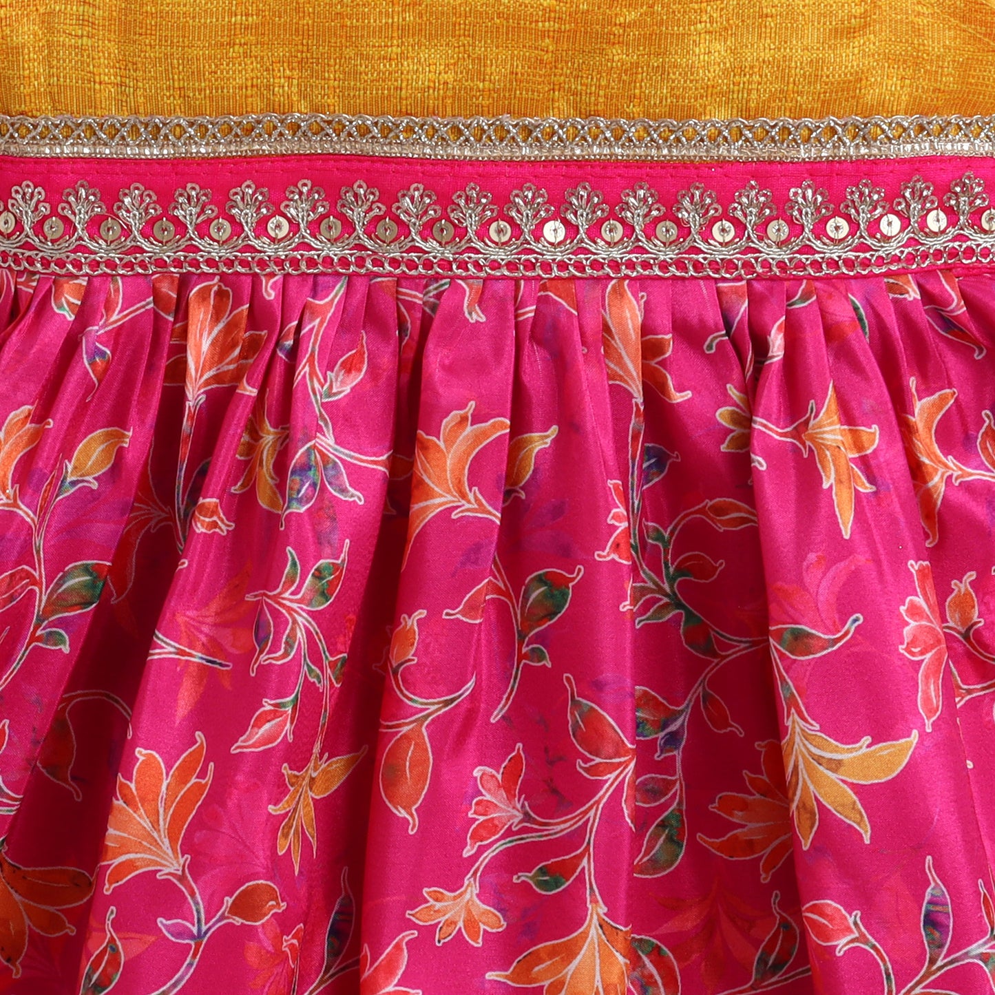Many Frocks & sleeveless floral printed lace embellished knee length ethnic dress-Yellow & Pink
