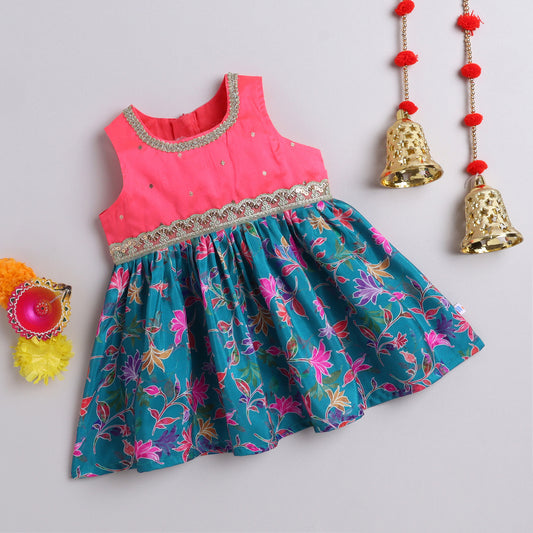 Many Frocks & sleeveless floral printed lace embellished knee length ethnic dress-Pink & Blue