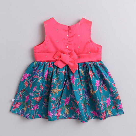Many Frocks & sleeveless floral printed lace embellished knee length ethnic dress-Pink & Blue