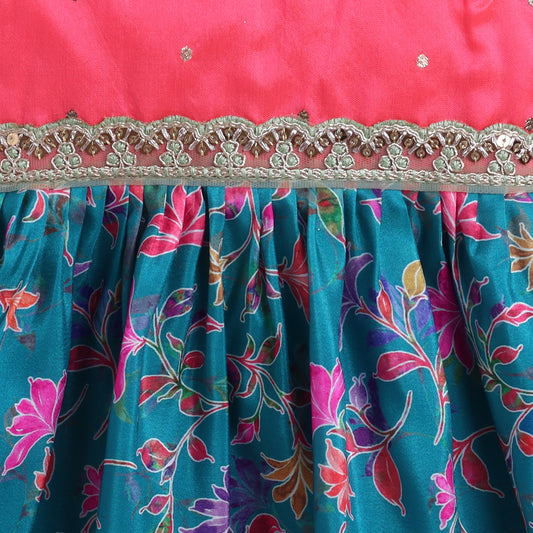 Many Frocks & sleeveless floral printed lace embellished knee length ethnic dress-Pink & Blue