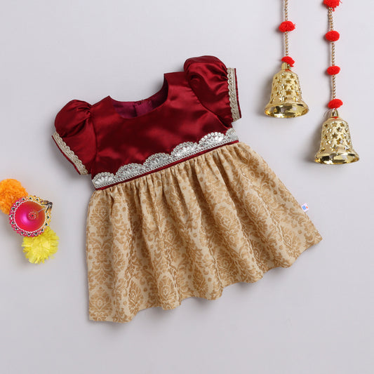 Many Frocks & Satin & brocade lace embellished puff sleeves  knee length ethnic dress - Maroon & Beige