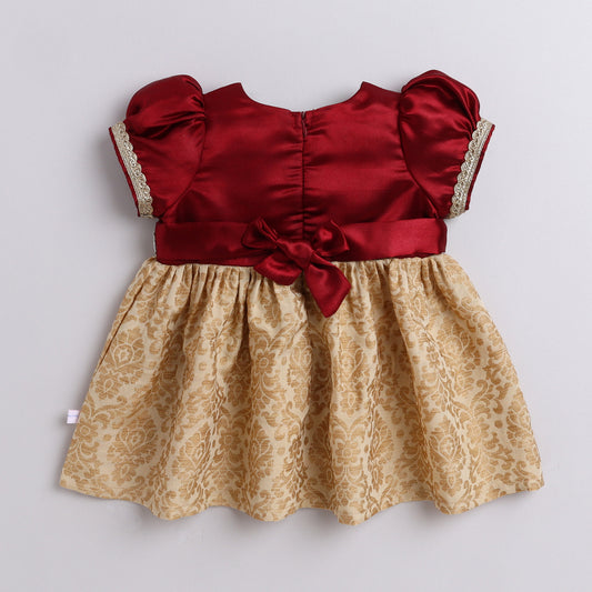 Many Frocks & Satin & brocade lace embellished puff sleeves  knee length ethnic dress - Maroon & Beige