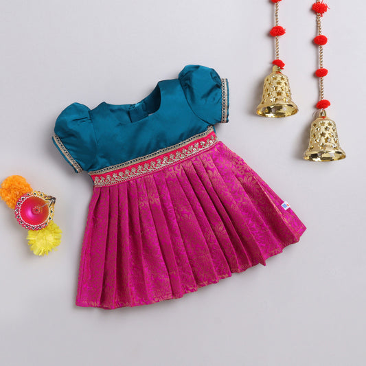Many Frocks &  brocade lace embellished puff sleeves  knee length ethnic dress - Blue & Pink