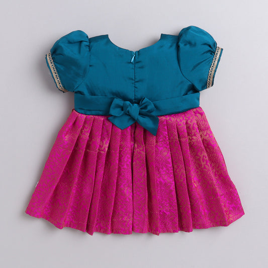 Many Frocks & brocade lace embellished puff sleeves knee length ethnic dress - Blue & Pink