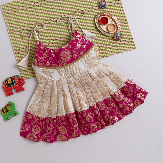 Many Frocks &  floral banarasi lace embellished  knee length ethnic dress - Cream & Pink