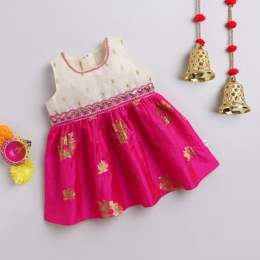 Many Frocks &  floral embroidered silk sleeveless  lace embellished knee length  ethnic dress - Cream & Pink