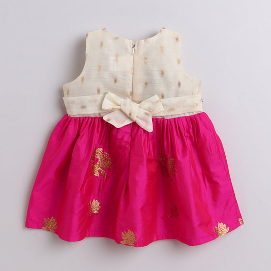Many Frocks &  floral embroidered silk sleeveless  lace embellished knee length  ethnic dress - Cream & Pink