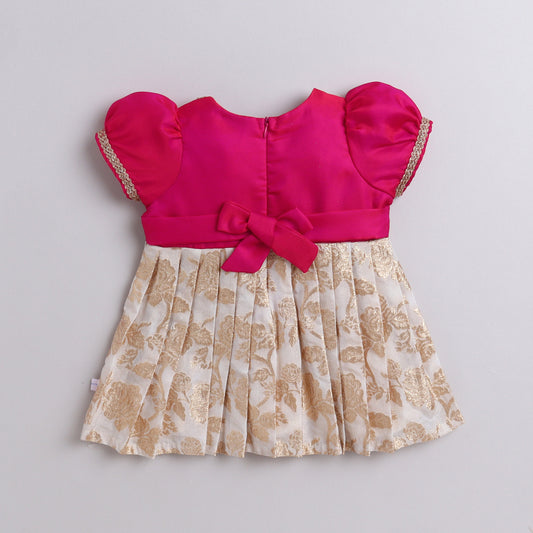 Many Frocks & floral banarasi scallop lace embellished puff sleeves knee length ethnic frock - Pink & Cream