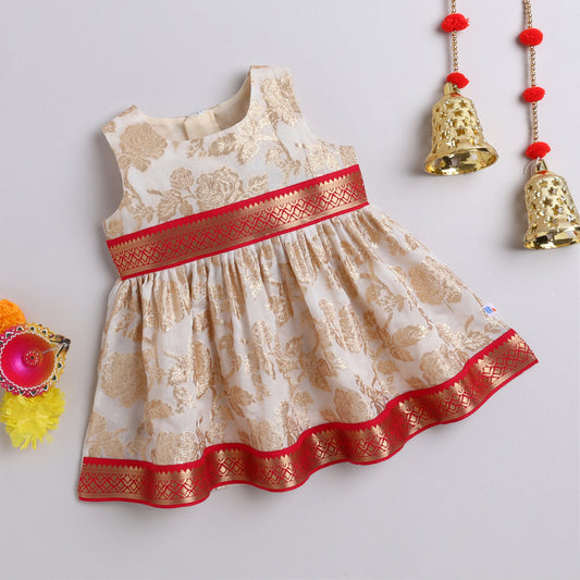Many Frocks & banarasi sleeveless lace embellished  knee length ethnic frock -Cream