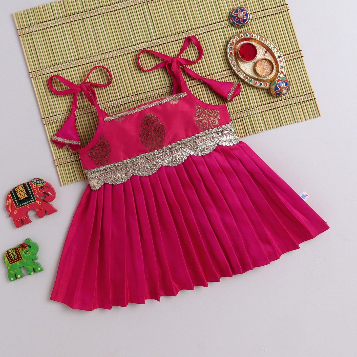 Many Frocks & brocade & silk sleeveless lace embellished knee length ethnic  dress - Pink