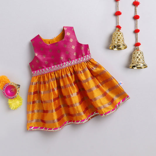 Many Frocks & brocade sleeveless lace embellished knee length ethnic dress - Pink & Yellow