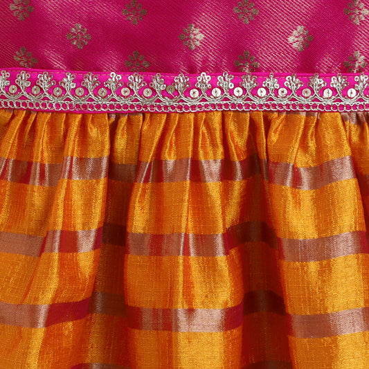 Many Frocks & brocade sleeveless lace embellished knee length ethnic dress - Pink & Yellow