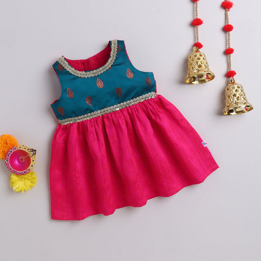 Many Frocks & brocade sleeveless lace and woven leaf motif embellished knee length ethnic dress - Pink & Blue