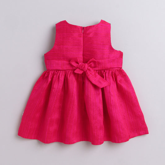 Many Frocks & brocade sleeveless lace and woven leaf motif embellished knee length ethnic dress - Pink & Blue