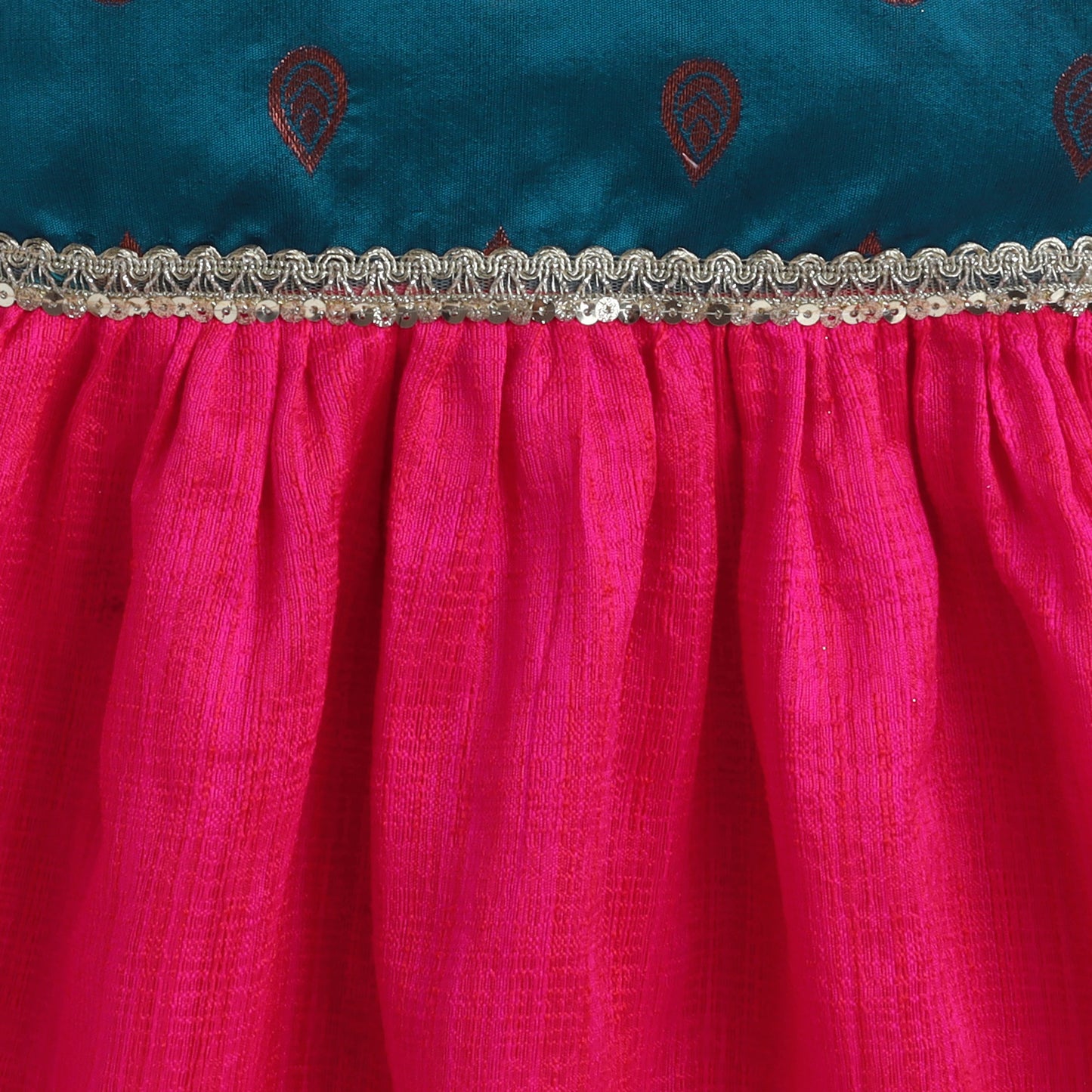 Many Frocks & brocade sleeveless lace and woven leaf motif embellished knee length ethnic dress - Pink & Blue