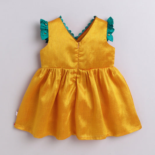 Many Frocks & banarasi koti flutter sleeves and latkan embellished knee length ethnic frock - Yellow & Pink