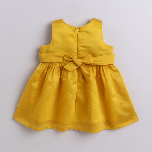 Many Frocks brocade & chanderi sleeveless lace embellished knee length ethnic dress - Red & Yellow